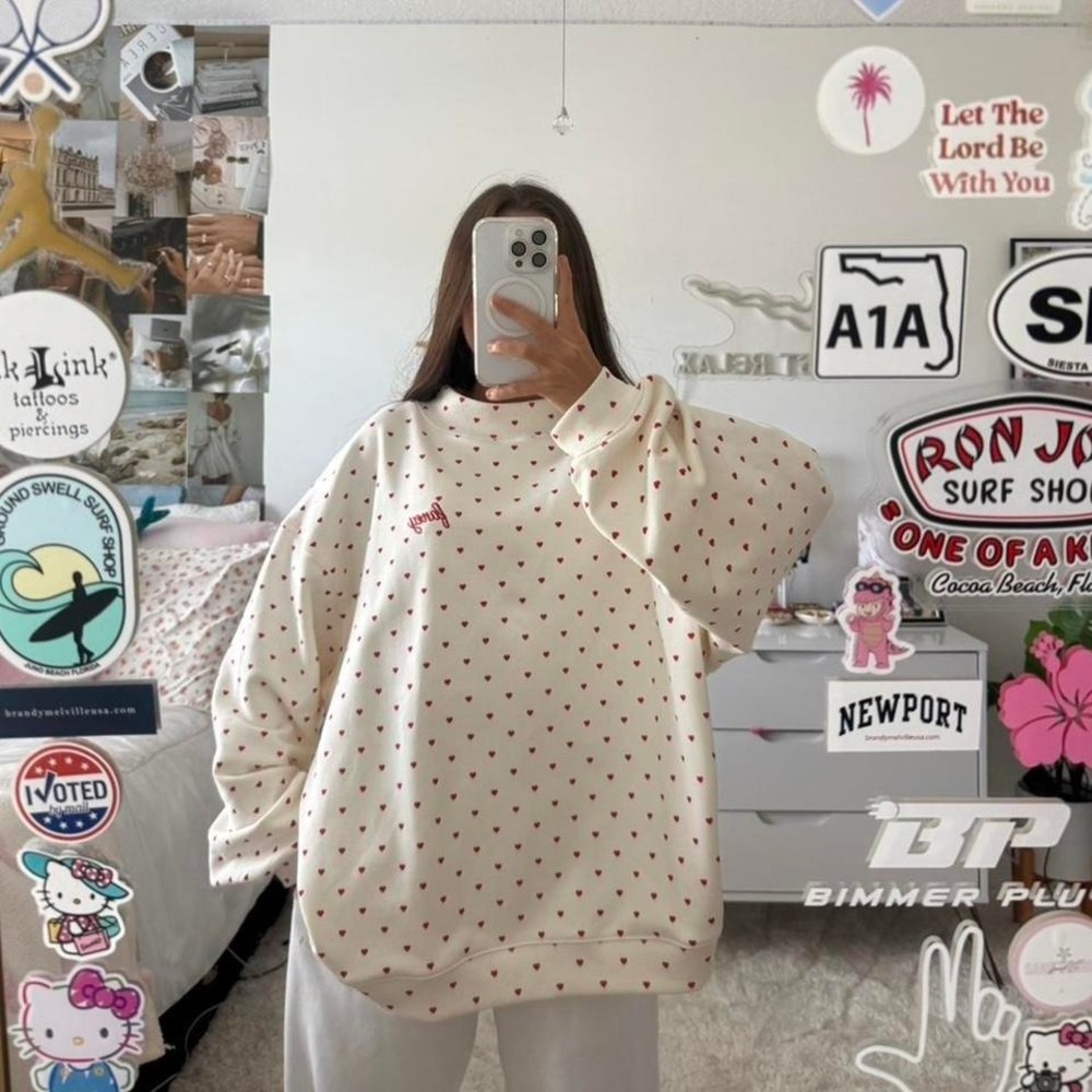 Fancy cream and red hearts mockneck sweatshirt